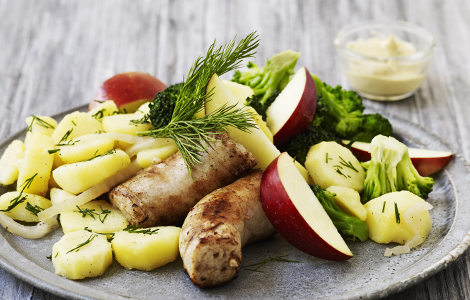 Skinkemedister med varm kartoffelsalat