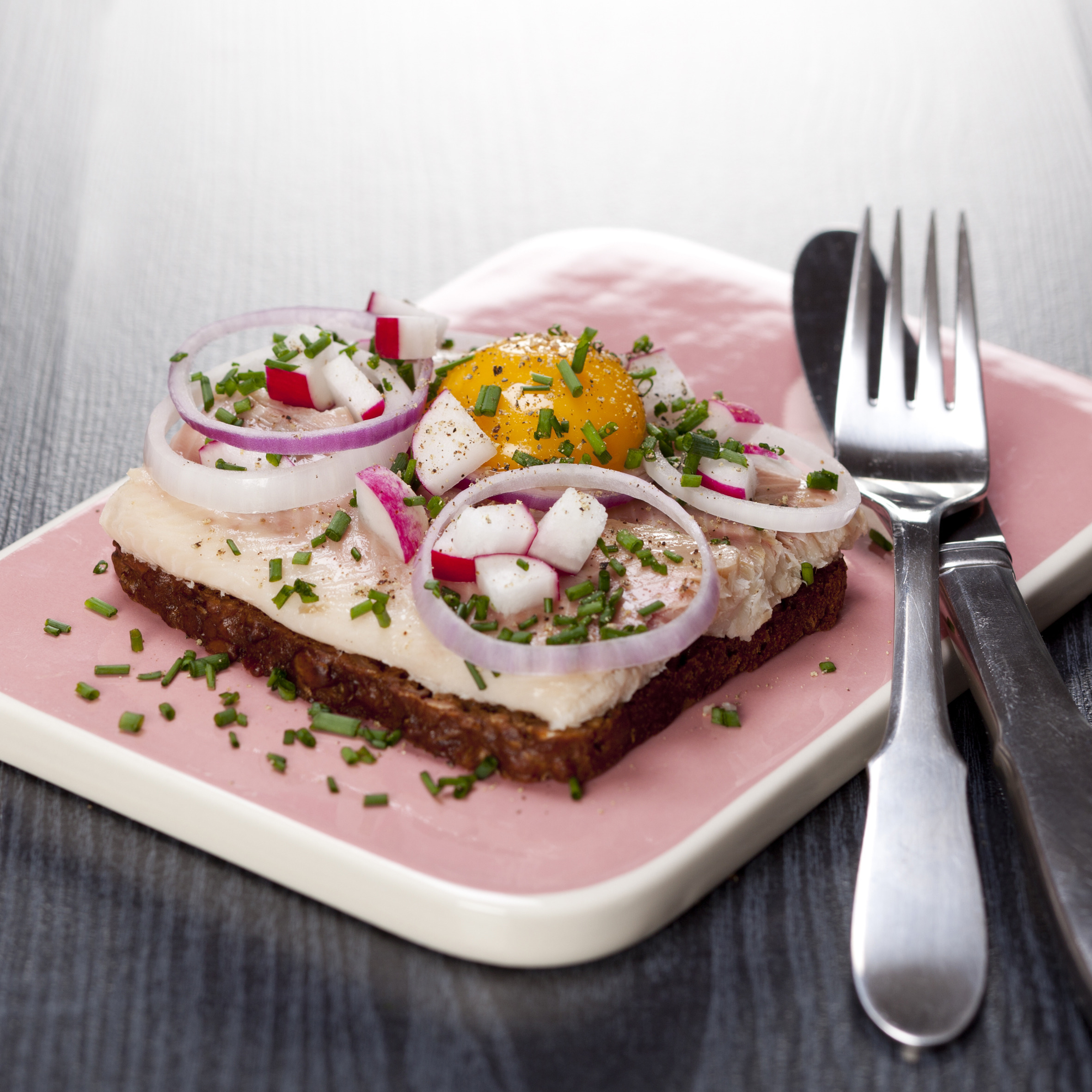 Røget ørred med æggeblomme, radiser og to slags løg