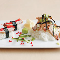 Nigiri og Chirashi med barbecued medaljon af svinefilet