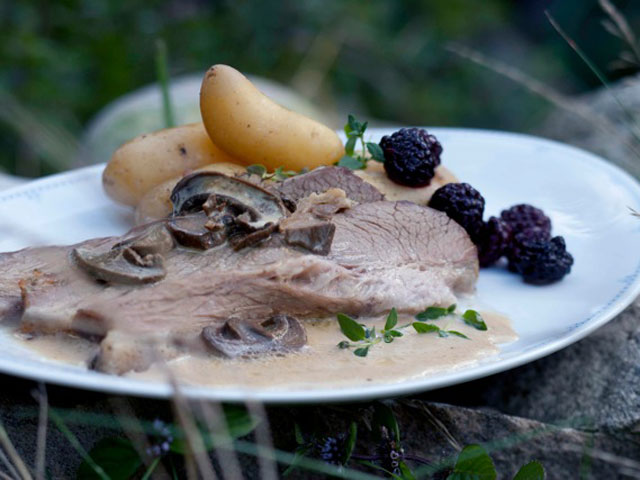 Let saltet kalvespidsbryst med svampesauce og lune syltede brombær