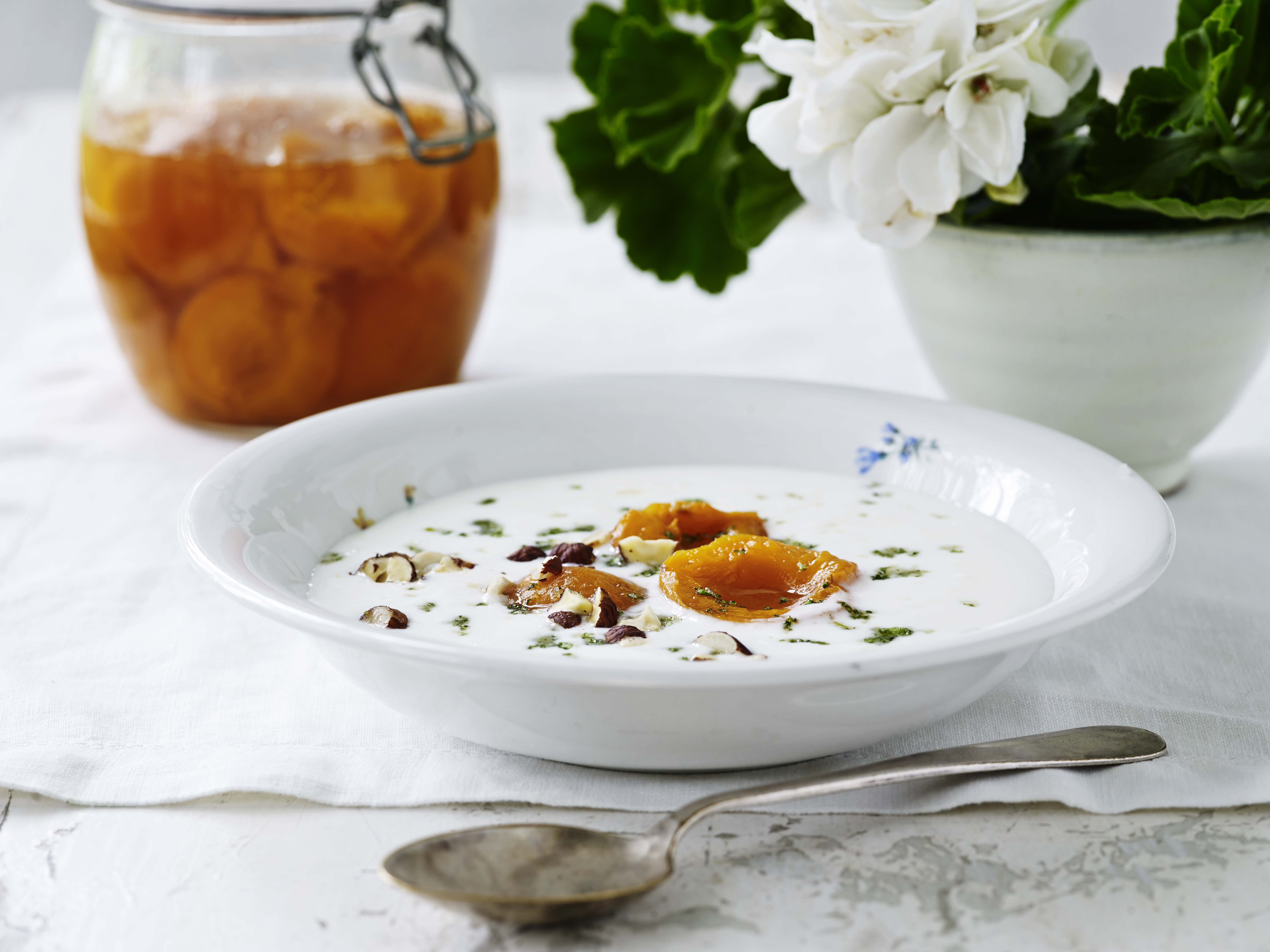 Tykmælk med syltede abrikoser og myntesukker