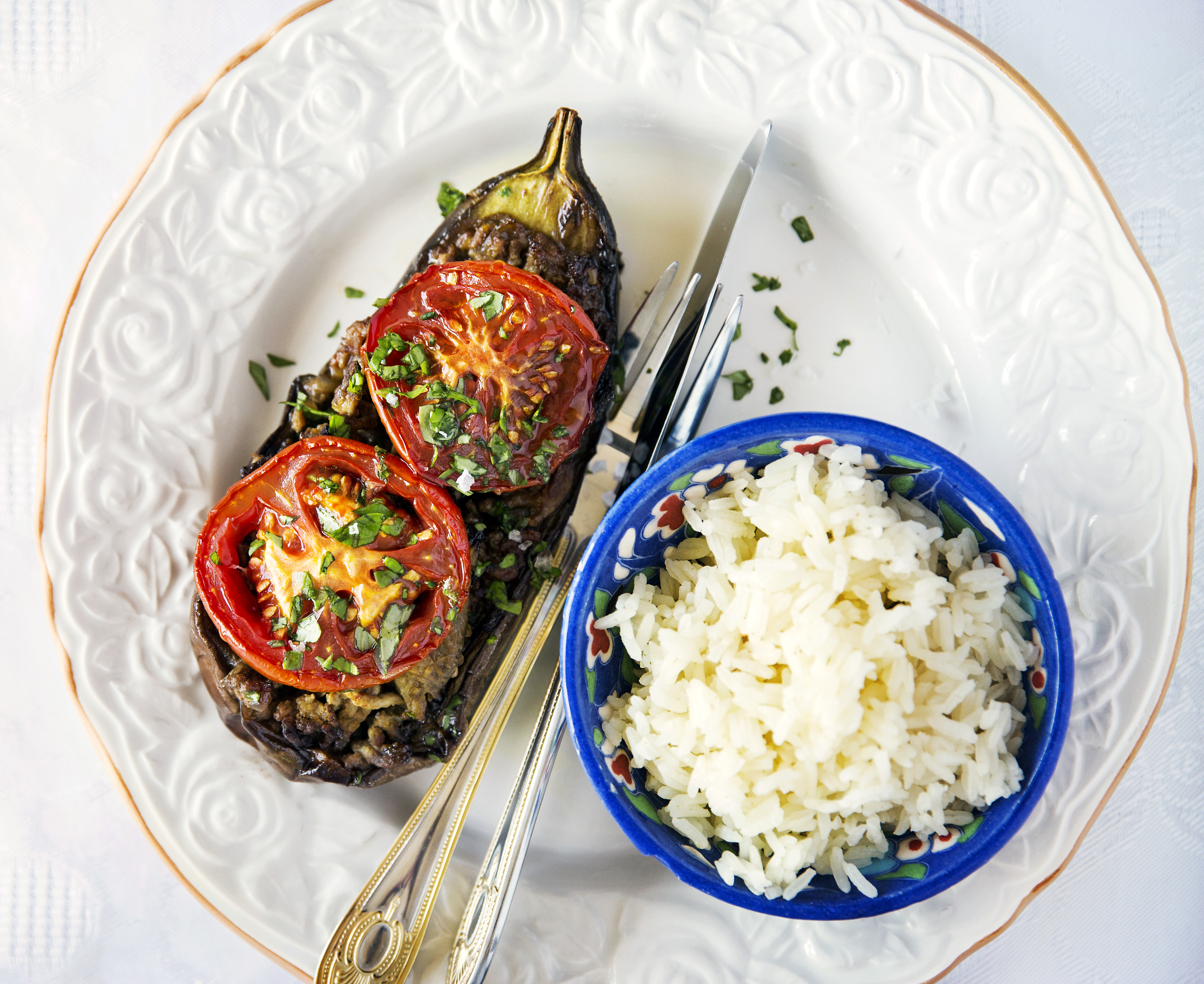Fyldt aubergine med oksekød