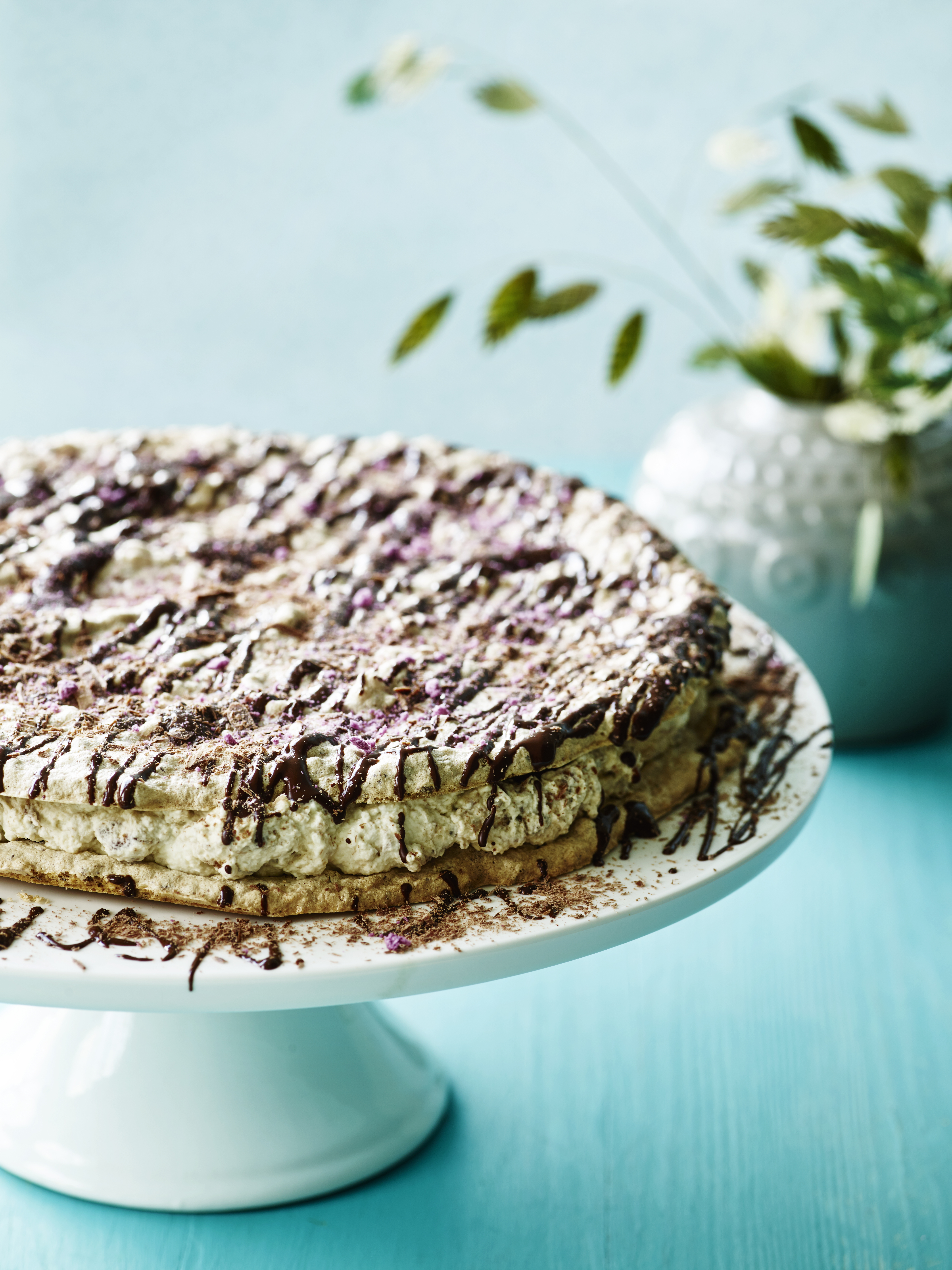 Hasselnøddelagkage med svesker og chokolade