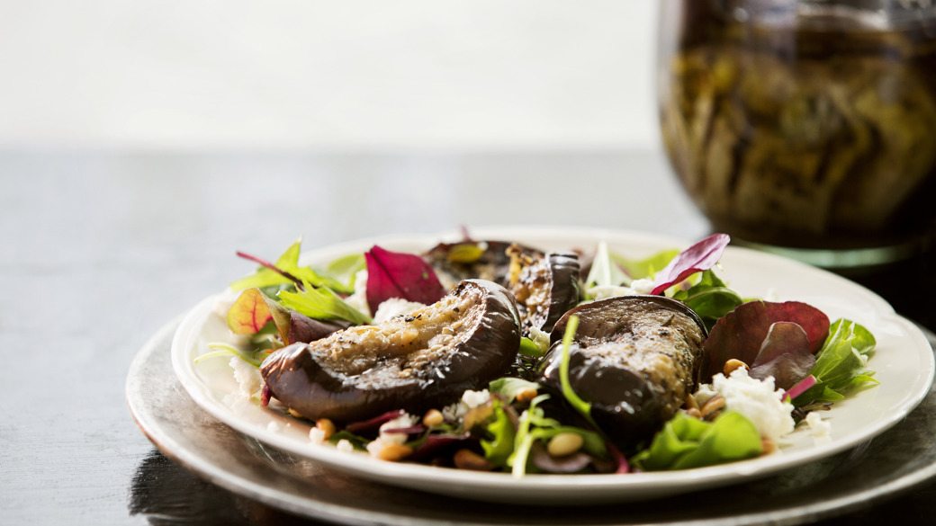 Grillede auberginer i olie