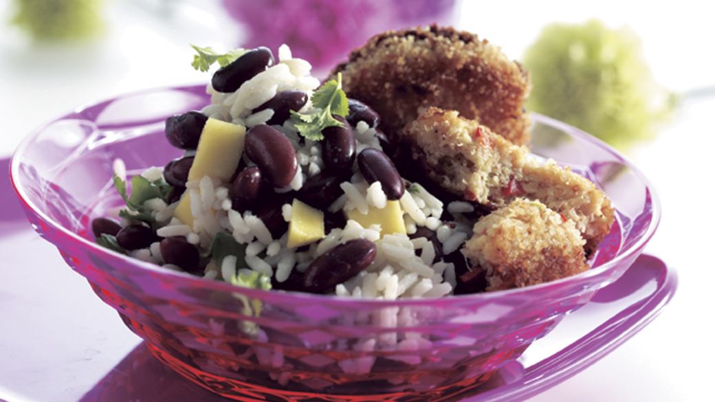 Crabcake med ris og bønner