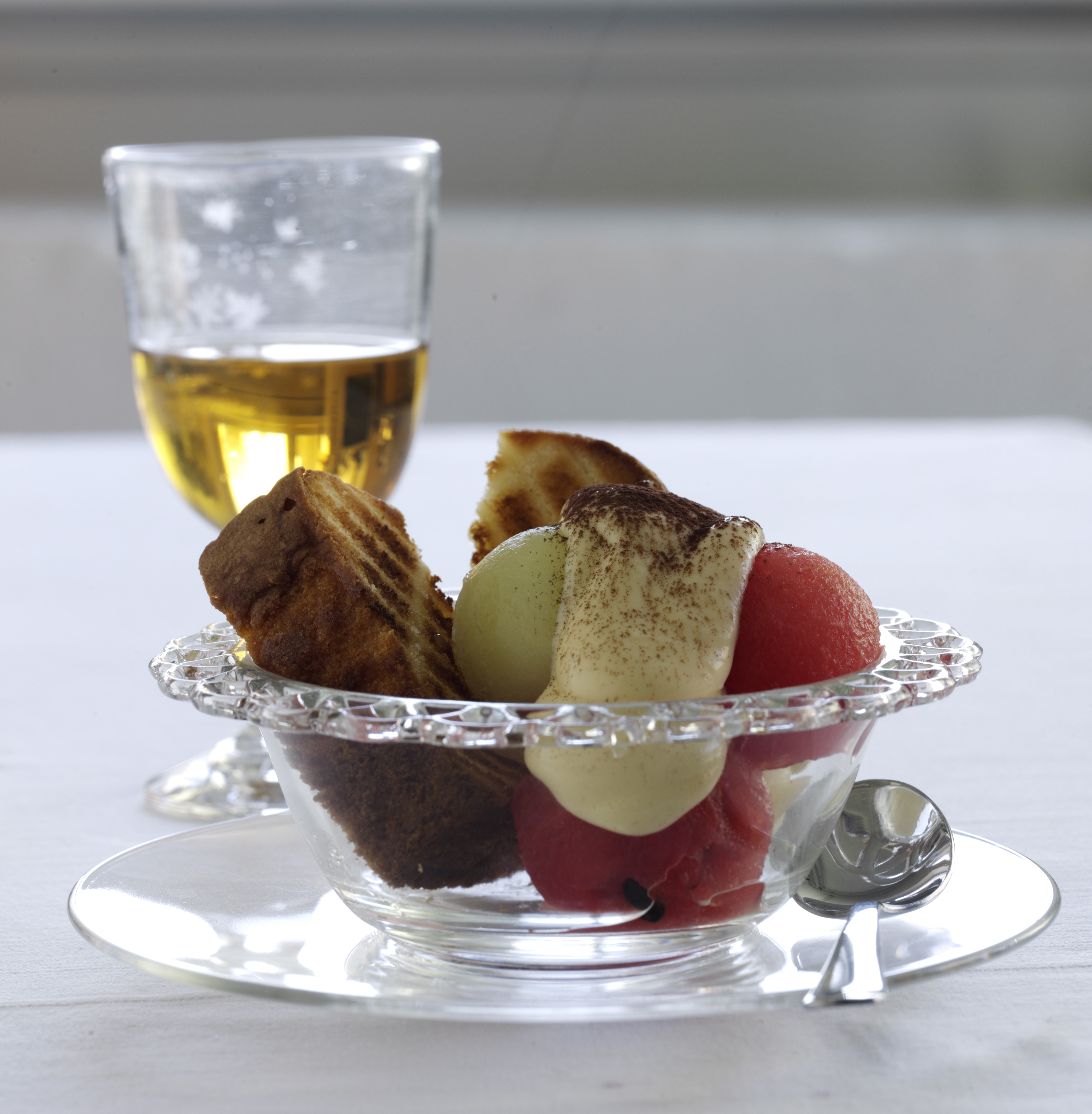 Ristet sandkage med melon og mascarponecreme