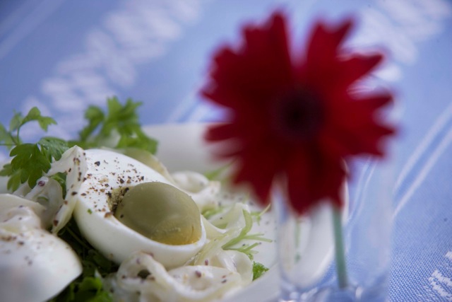 Solæg med løg, remoulade og kørvel