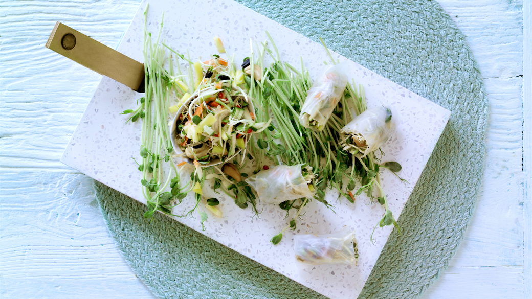 Rispapirsruller med spicy kylling og spirer