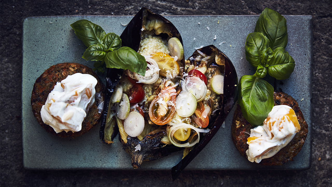 Sprængt aubergine med linser