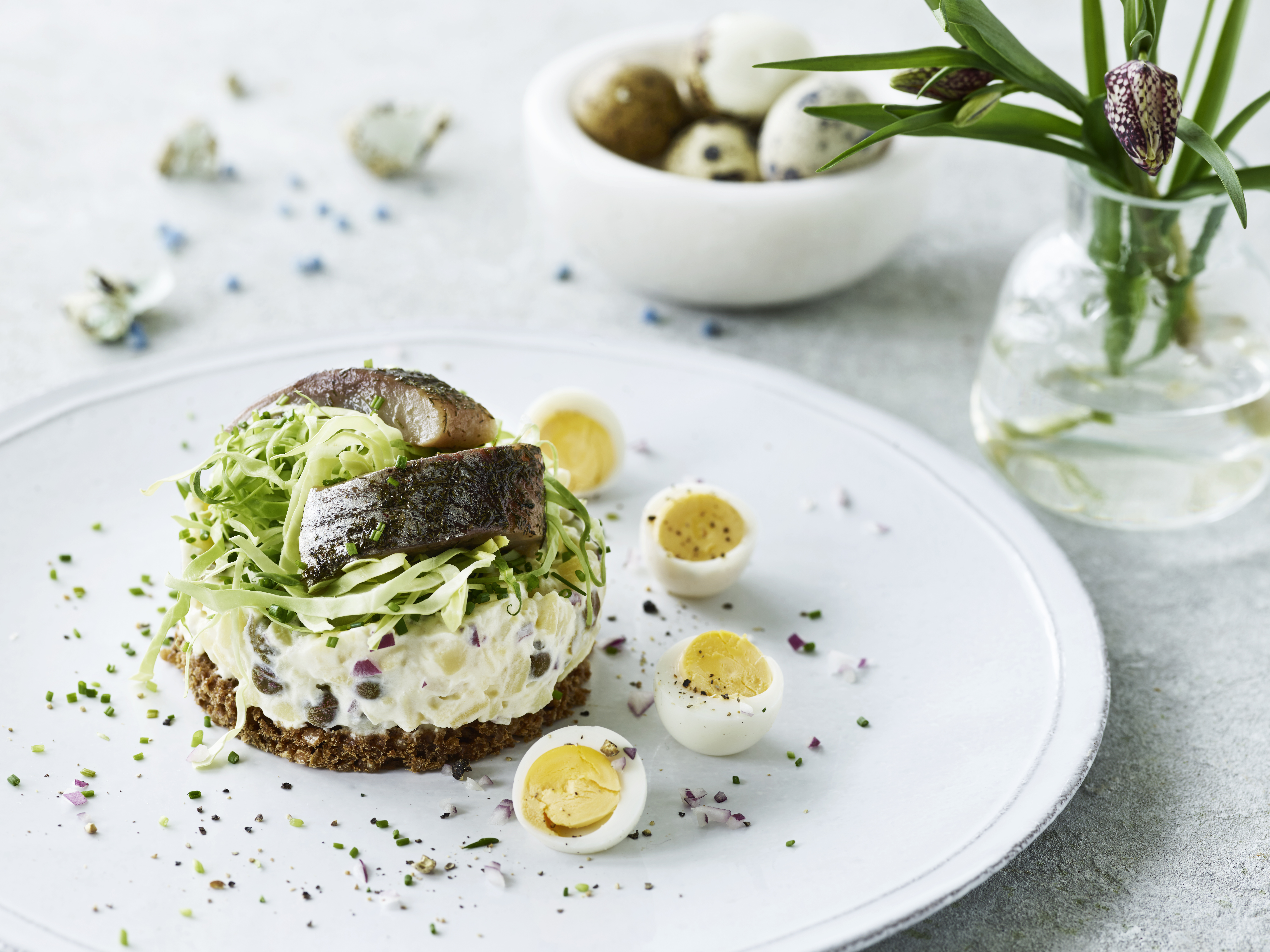 Kartoffelsalat med matjessild og vagtelæg
