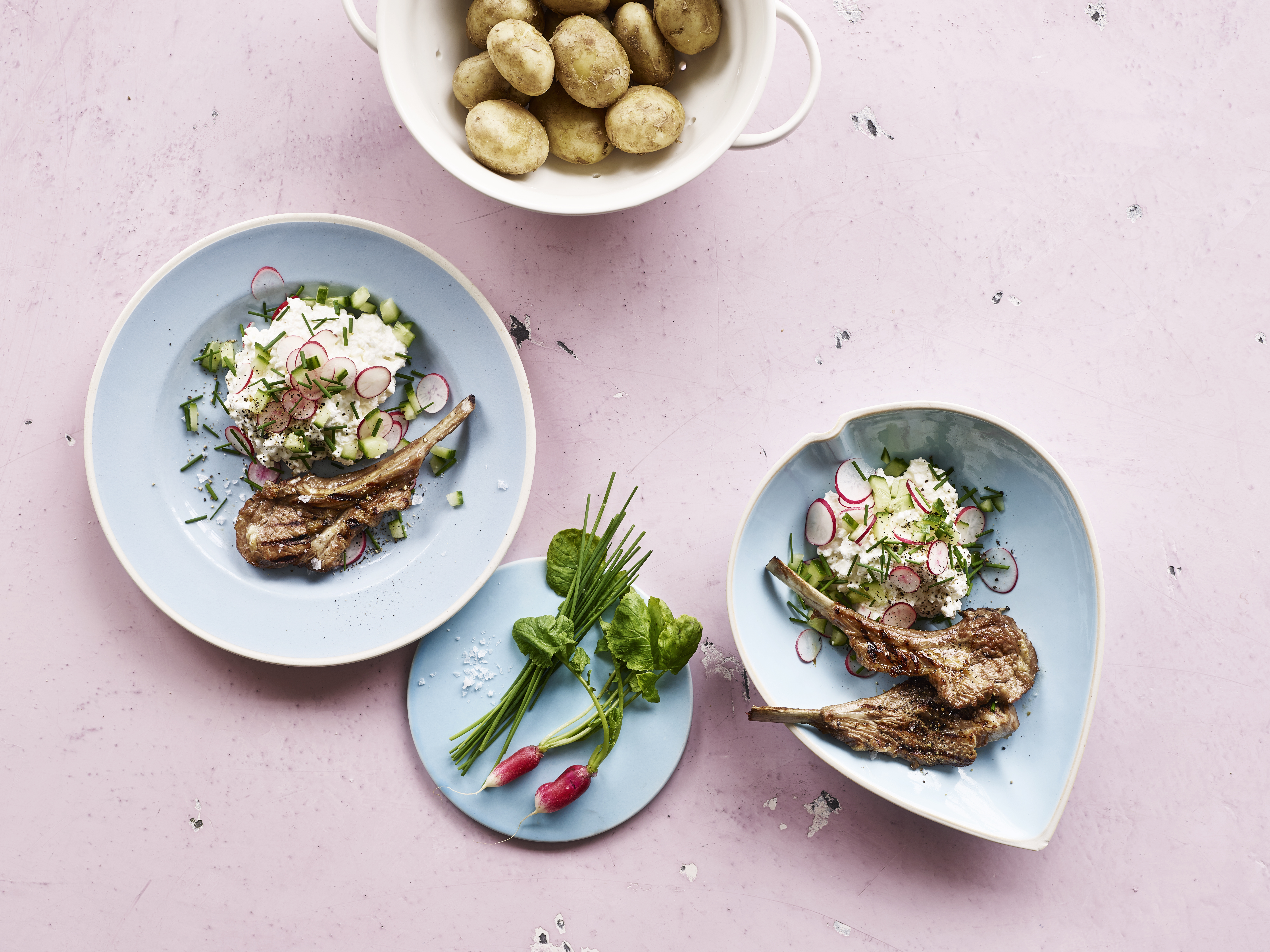 Sommersalat  med hytteost  og grillede  lammekoteletter