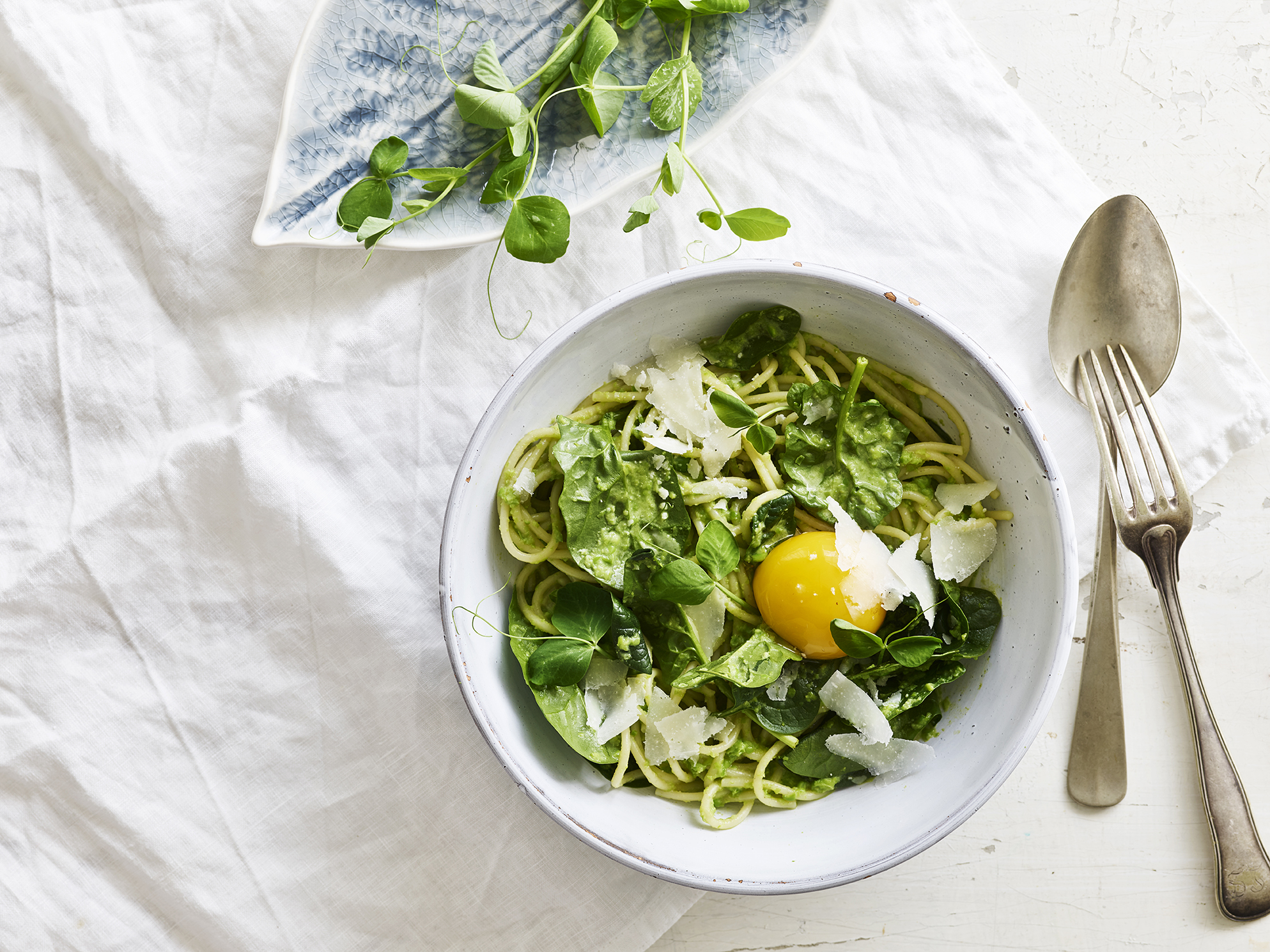 Spaghetti carbonara med ærtepuré