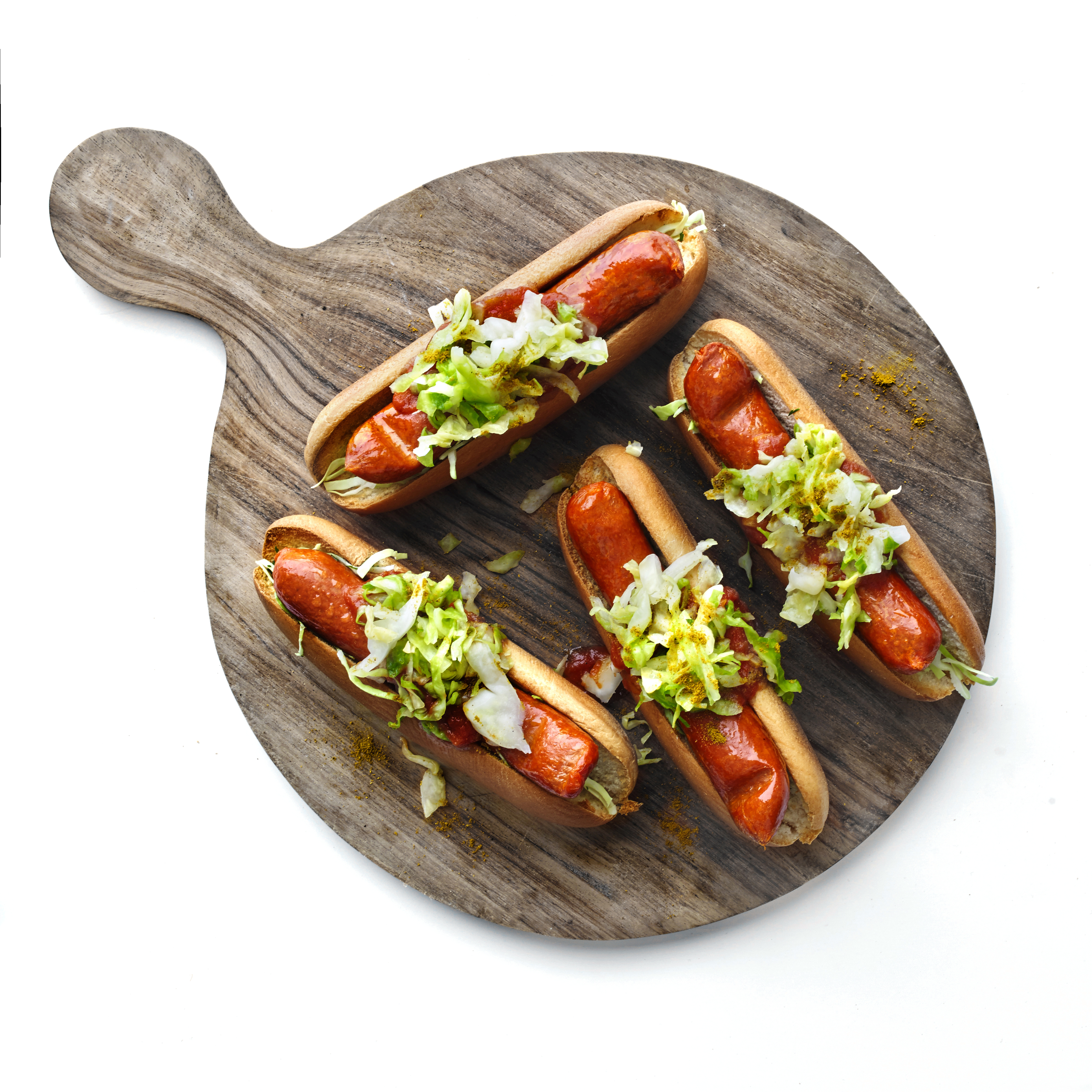 Currywursts a la hotdog med kål