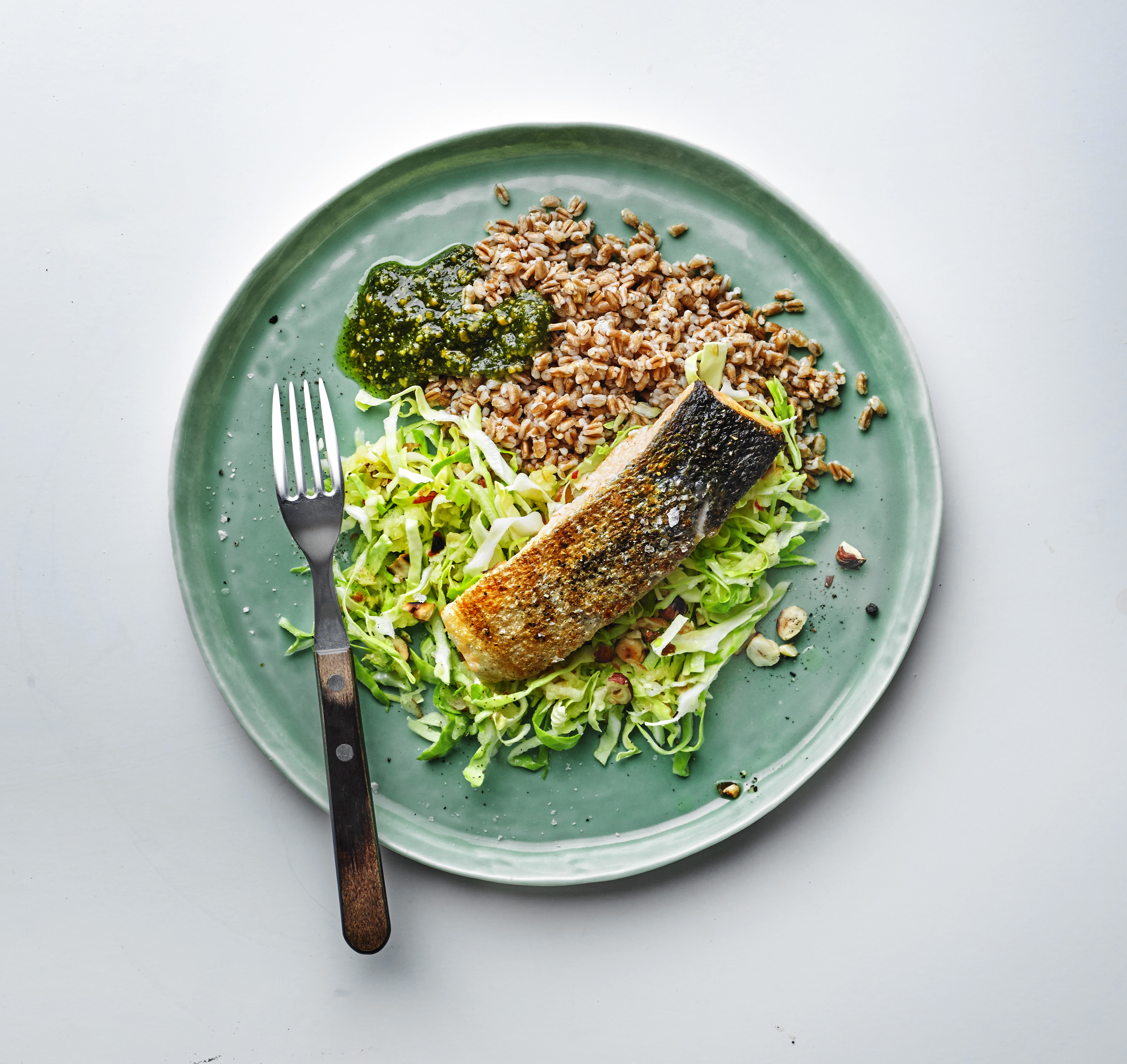 Laks med spidskålssalat, perlespelt og pesto