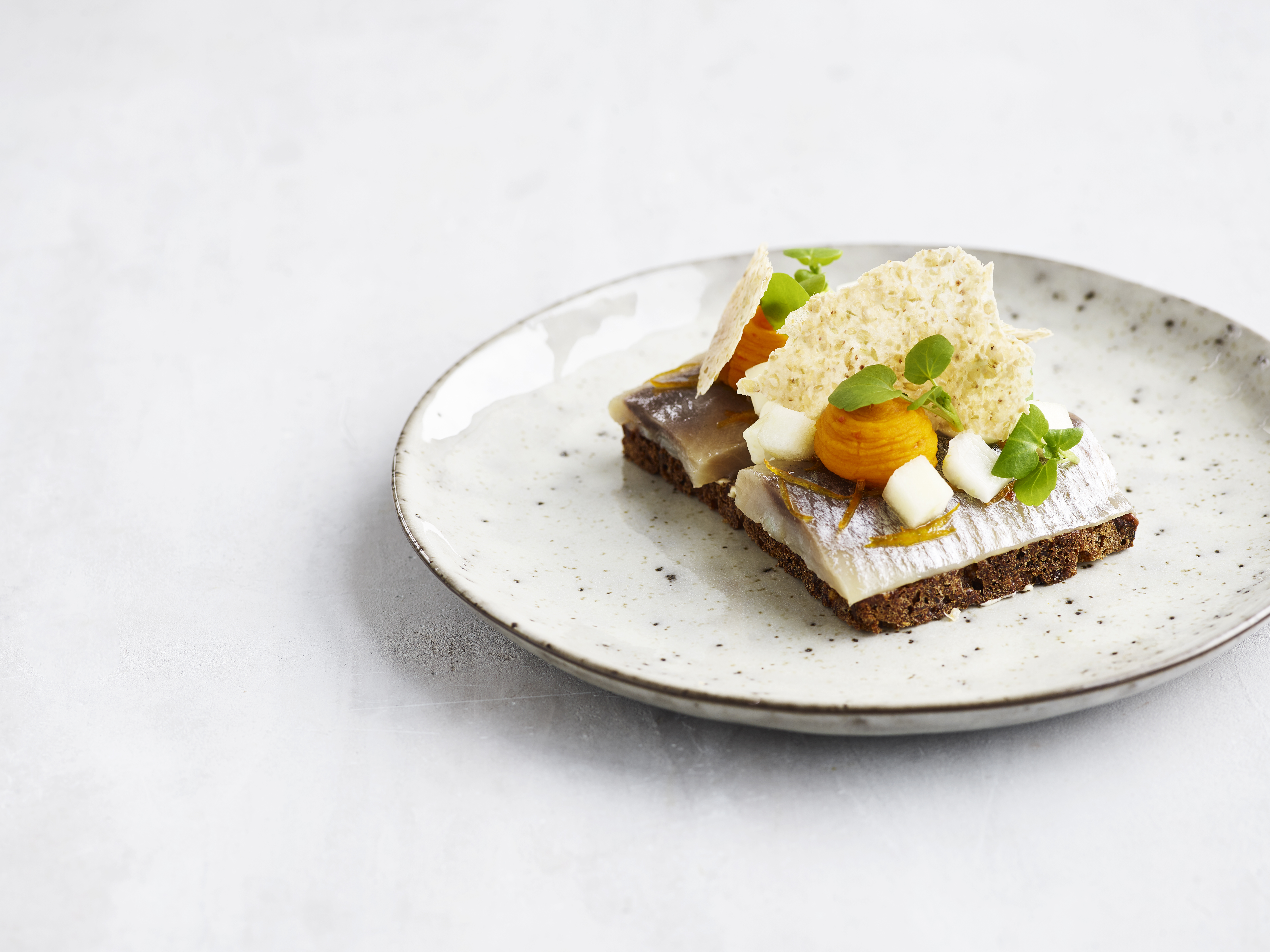 Appelsinsild med græskarpure og syltet fennikel