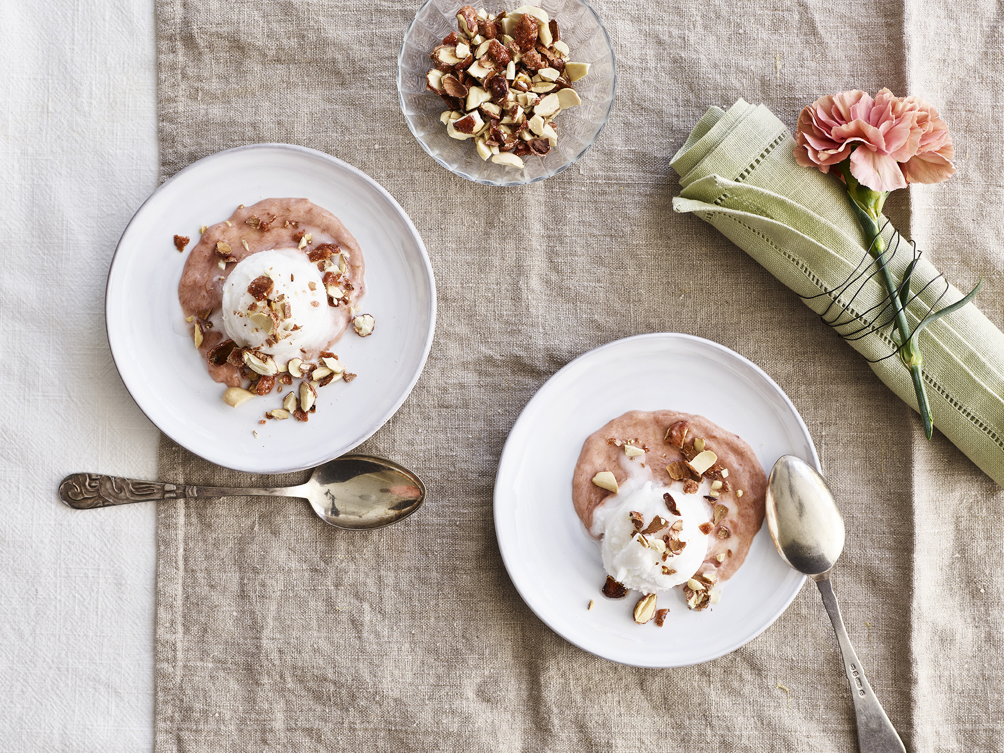 Cremet yoghurt-sorbet med rabarbersauce