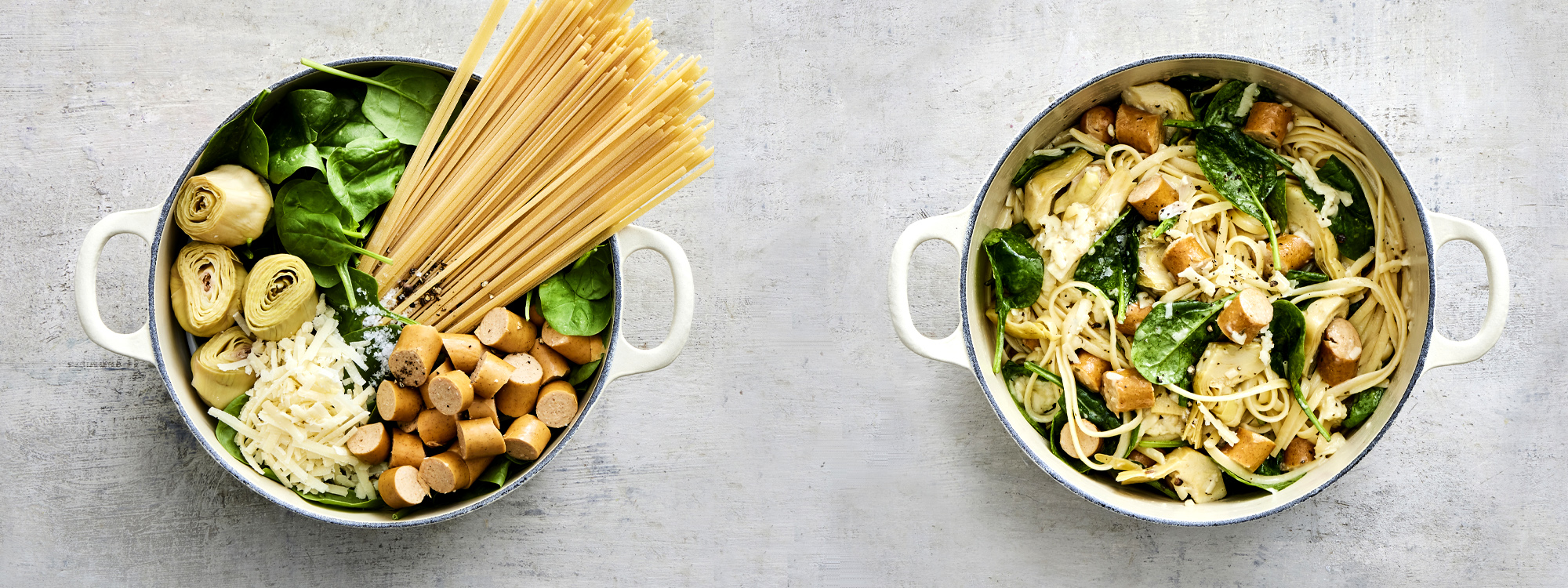 One pot med spinat, artiskokker og kyllingepølser