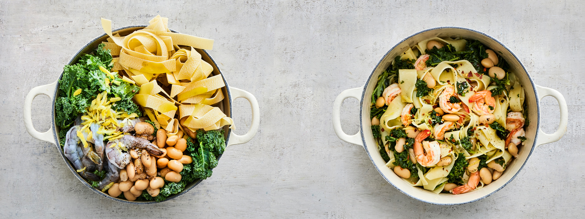 One pot med rejer, grønkål og hvide bønner