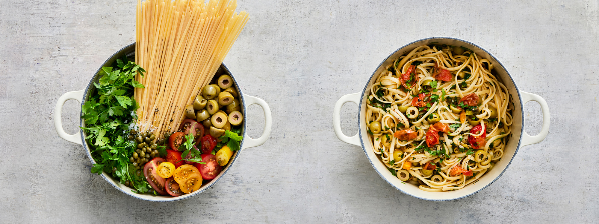 One pot puttanesca med tomater, kapers og oliven