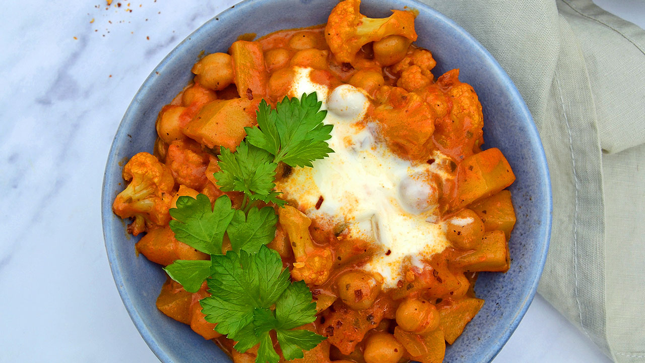 Curry med kartofler og blomkål i airfryer