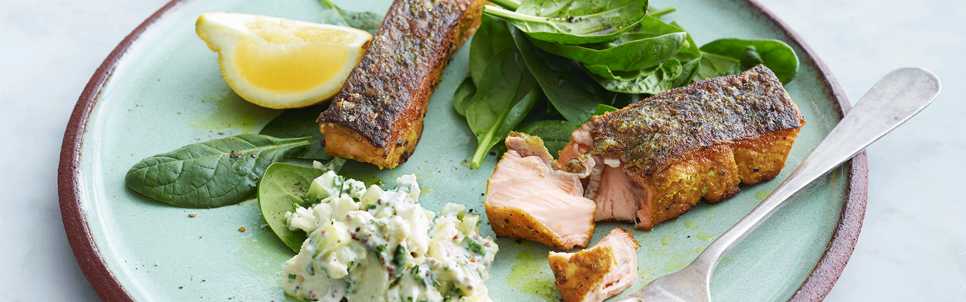 Pandestegt laks med karry, blomkålsskyr, agurk, urter og spinat