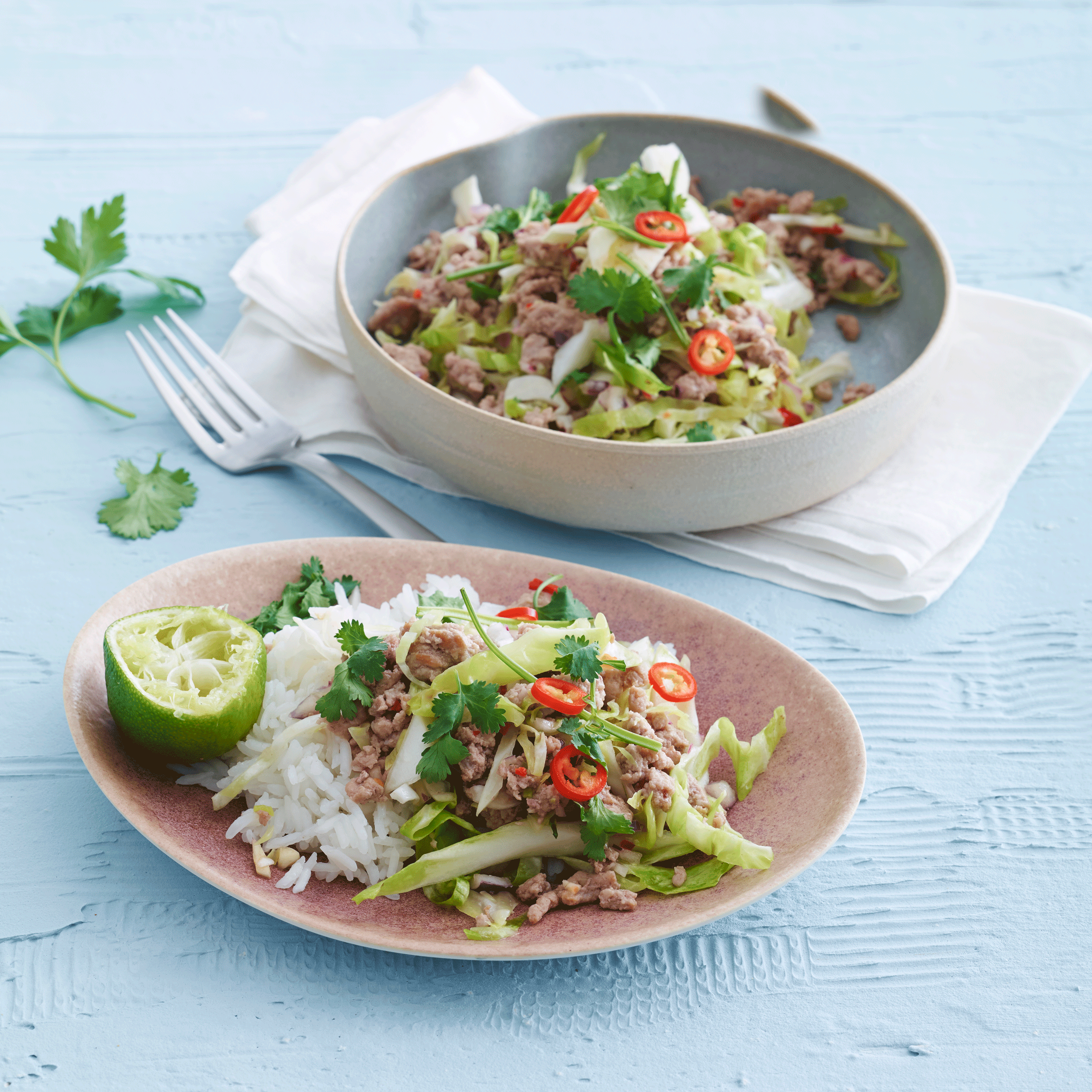 Thaisalat med hakket gris, chili, lime, koriander og spidskål