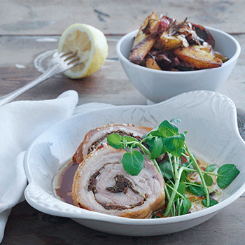 Porchetta/rullesteg med svampe, citron, rosmarin og kartofler