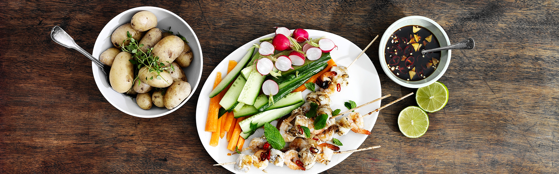 Grillspyd med torsk og rejer