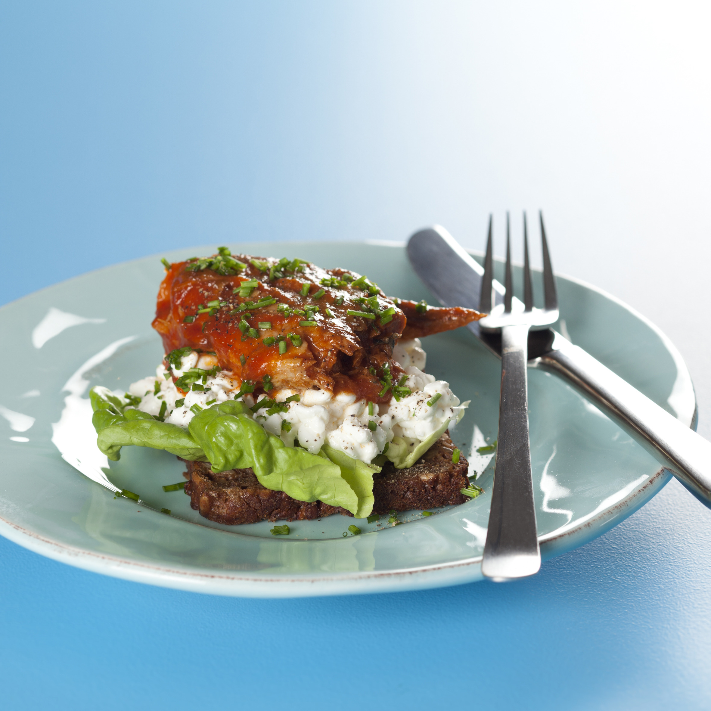 Smørrebrød med makrel i tomat og hytteost