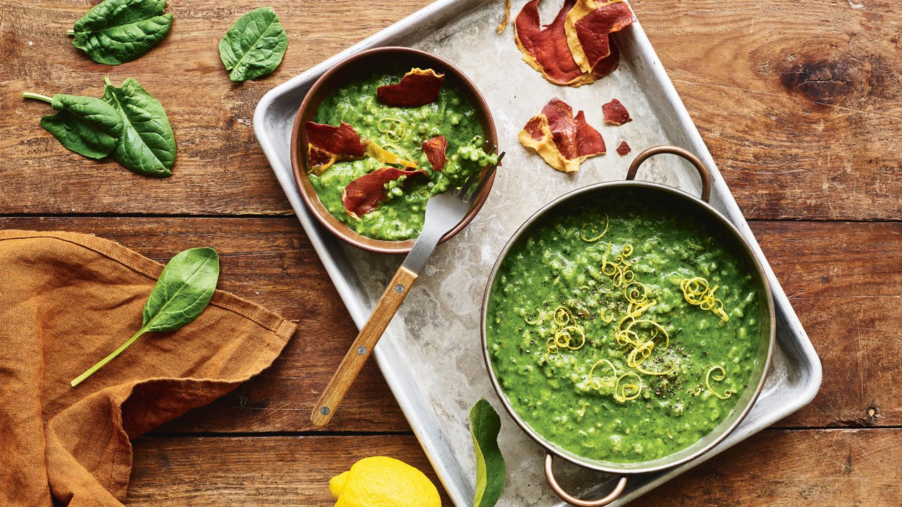 Spinatrisotto med  citron og sprød skinke