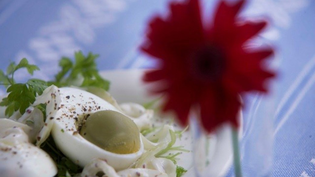 Solæg med løg, remoulade og kørvel