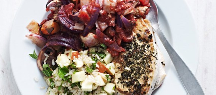 Rødder og champignon med dijonkylling