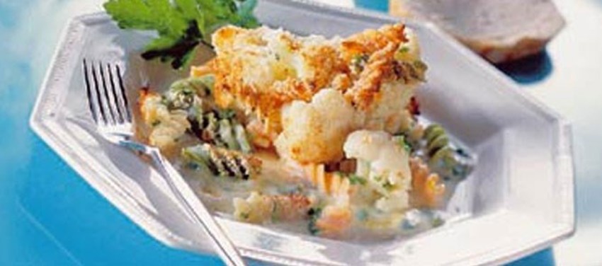 Gratineret blomkål og pasta