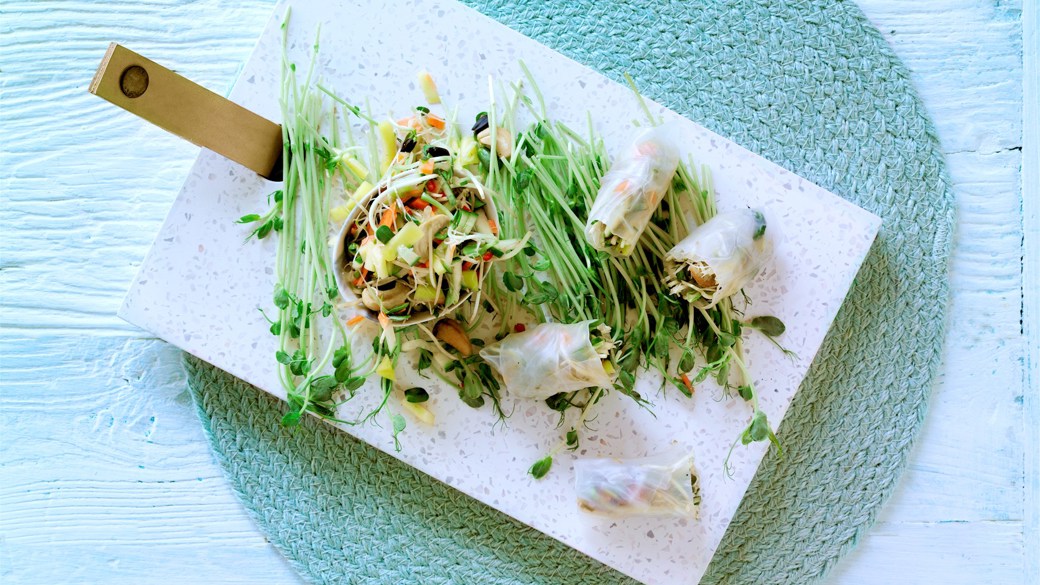 Rispapirsruller med spicy kylling og spirer