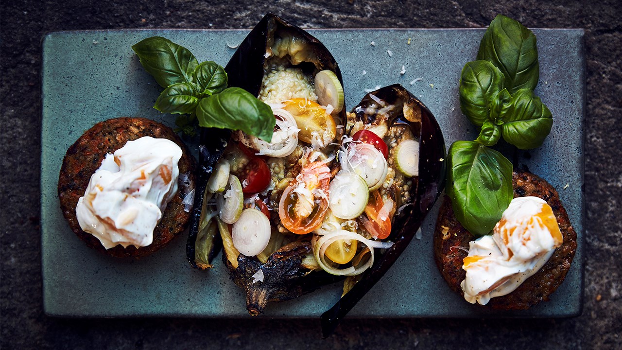 Sprængt aubergine med linser