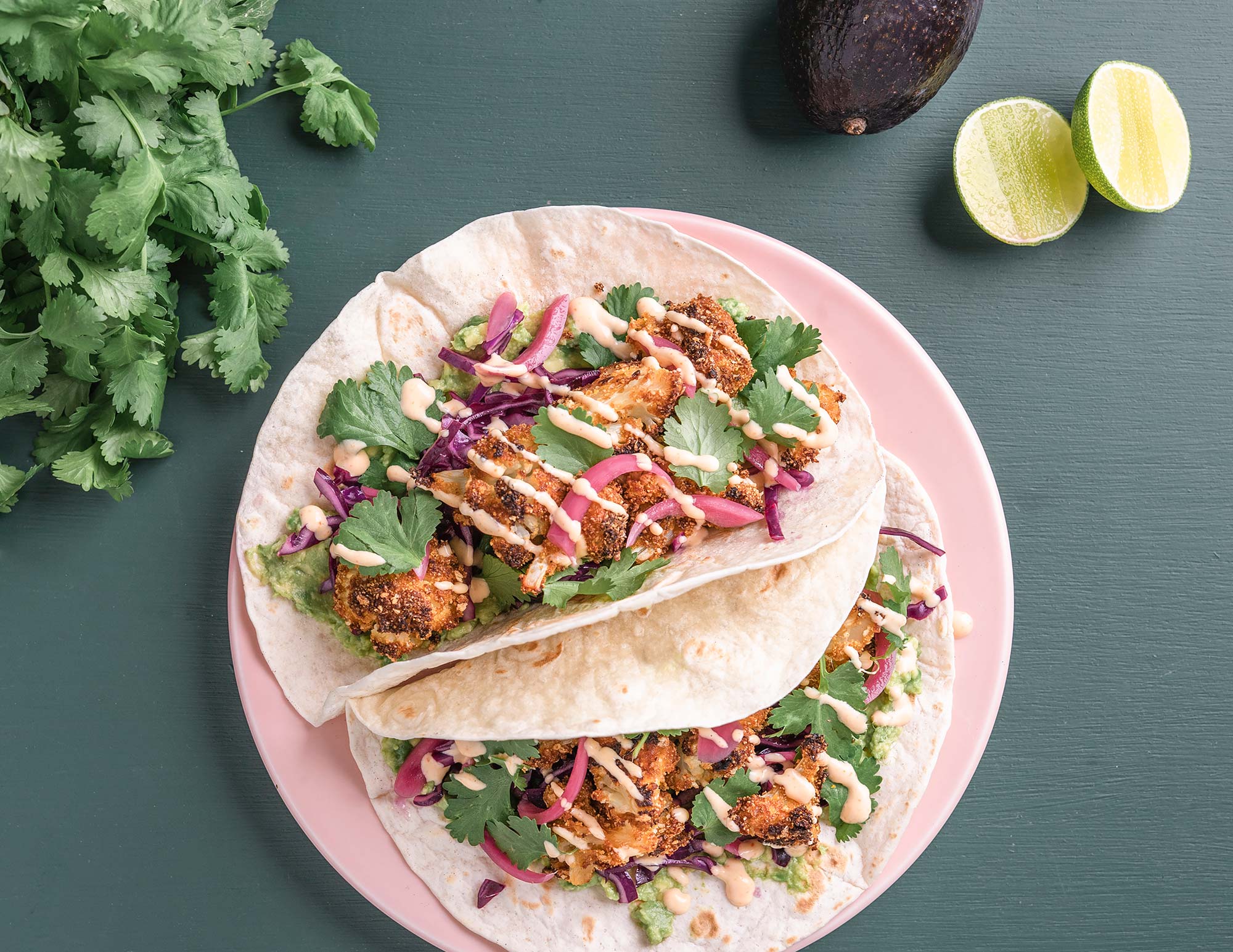 Tacos med sprød dobbeltpaneret blomkål